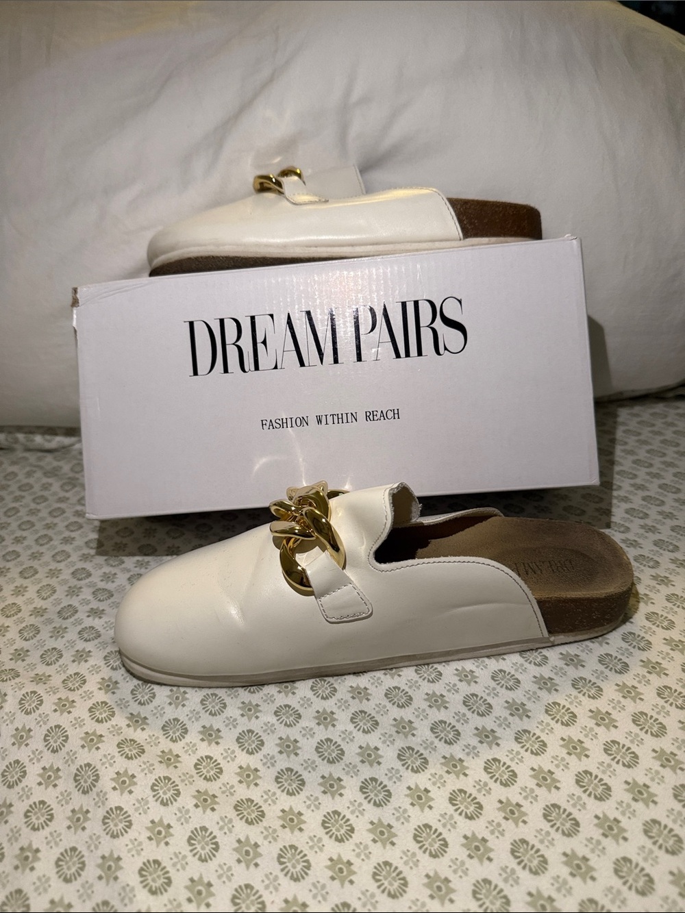 Dream Pairs Cream Slip-On Mules with Gold Chain Accent